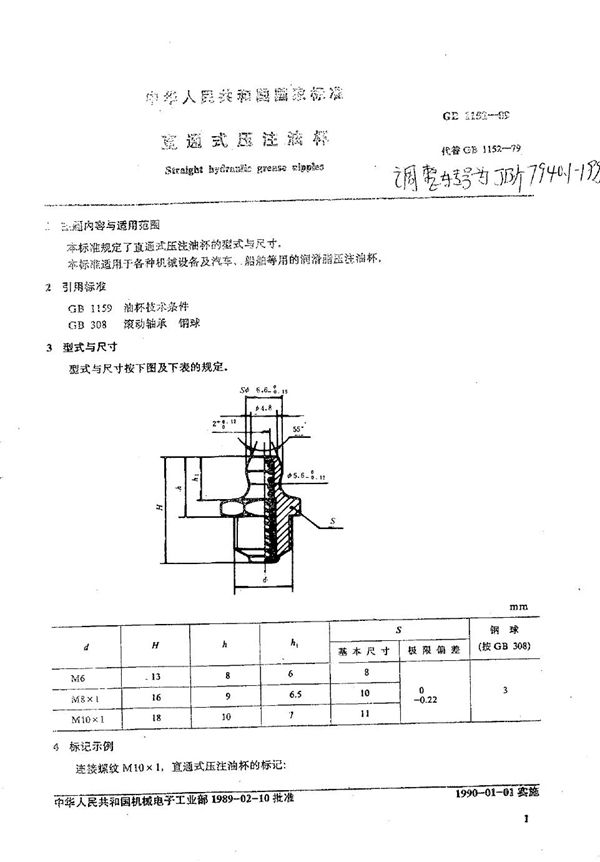 JB/T 7940.1-1995 直通式压注油杯