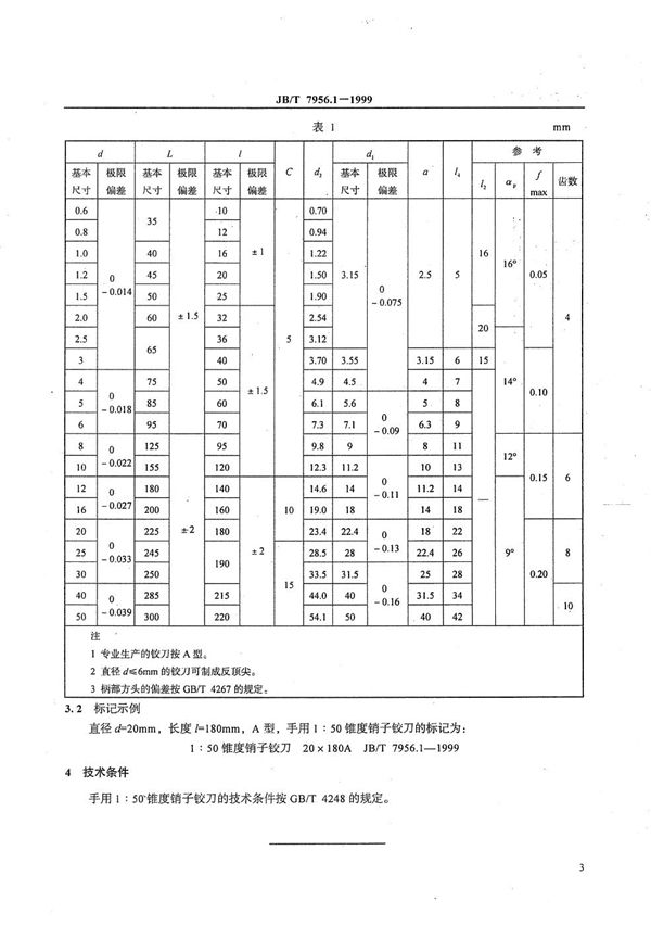 JB/T 7956.1-1999 1：50锥度销子铰刀 第1部分：手用铰刀