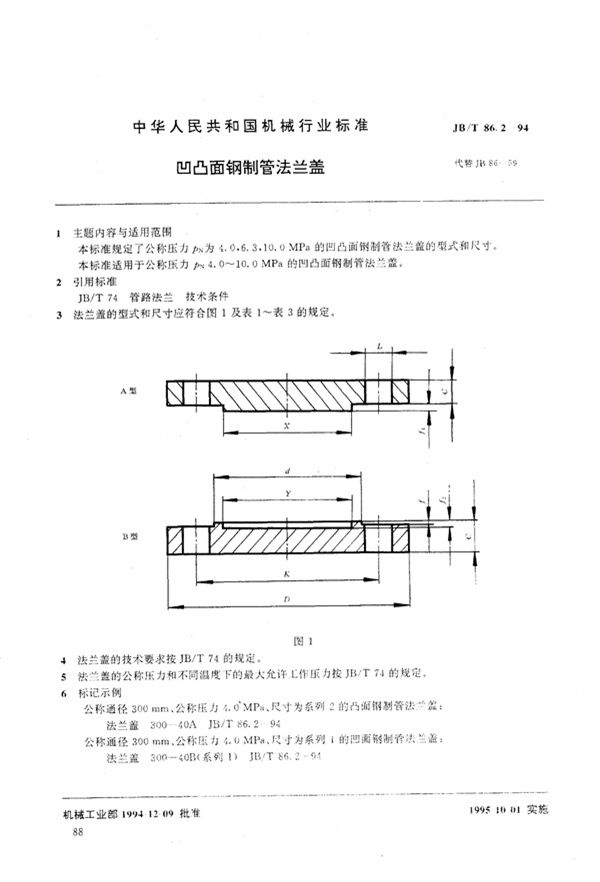 JB/T 86.2-1994 凹凸面钢制管法兰盖