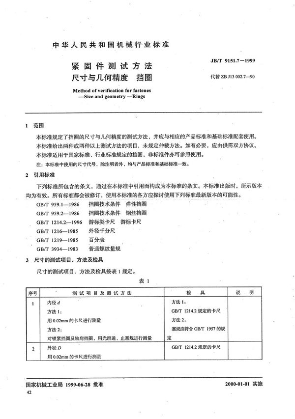 JB/T 9151.7-1999 紧固件测试方法 尺寸与几何精度 挡圈