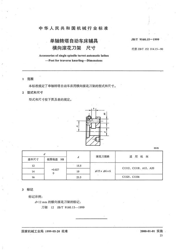 JB/T 9160.15-1999 单轴转塔自动车床辅具 横向滚花刀架尺寸