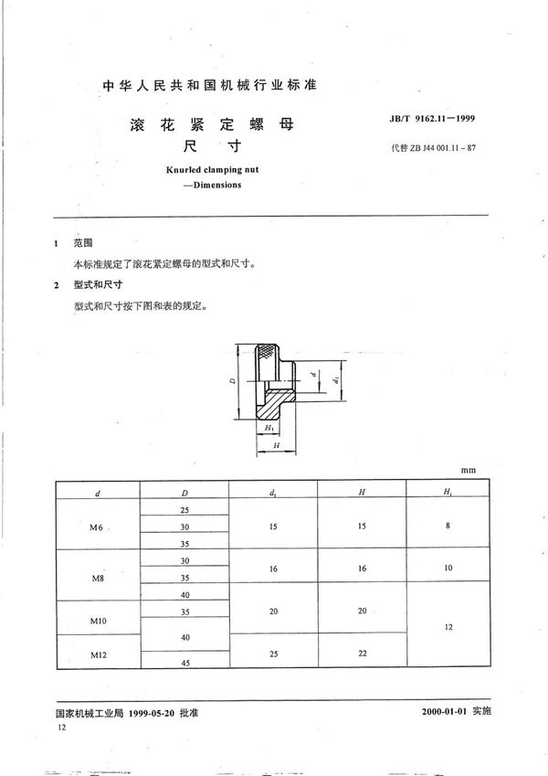 JB/T 9162.11-1999 滚花紧定螺母 尺寸