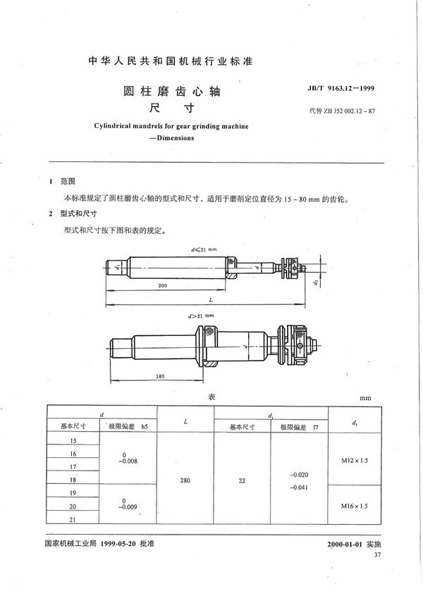 JB/T 9163.12-1999 圆柱磨齿心轴 尺寸