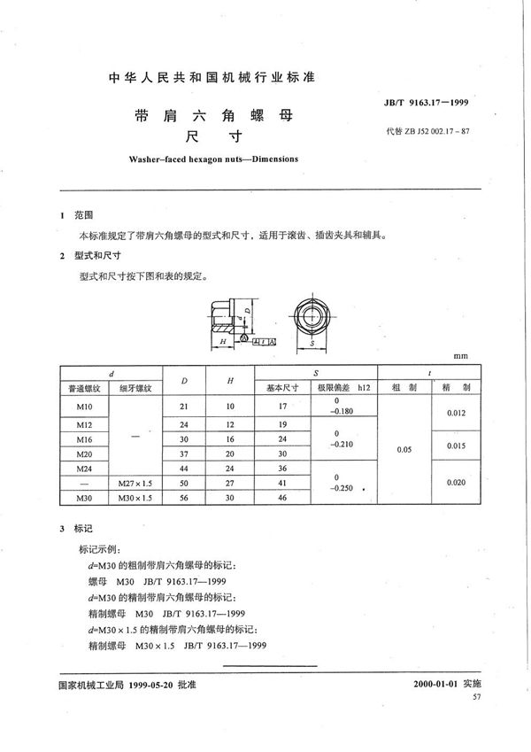 JB/T 9163.17-1999 带肩六角螺母 尺寸