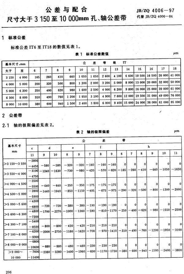 JB/ZQ 4006-1997 公差与配合 尺寸大于3150至10000mm孔、轴公差带