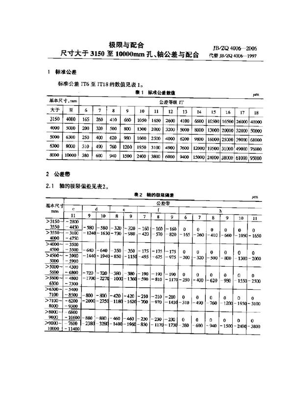 JB/ZQ 4006-2006 极限与配合尺寸大于3150至10000mm孔、轴公差与配合