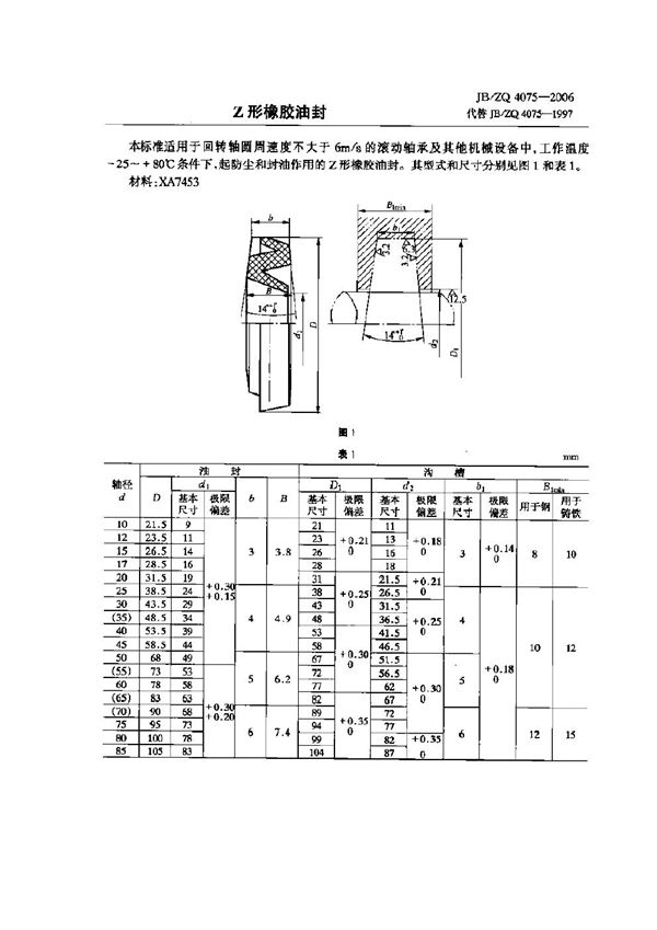 JB/ZQ 4075-2006 Z形橡胶油封