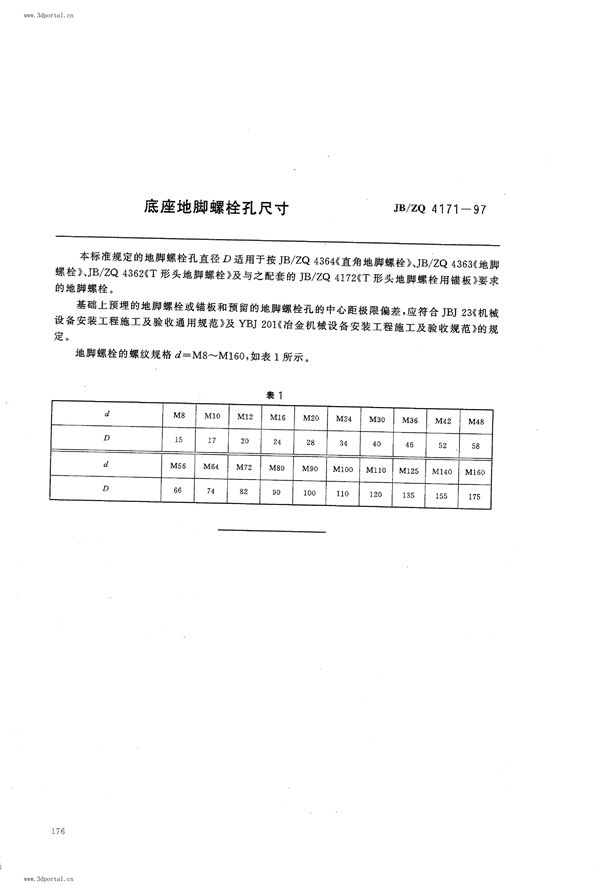 JB/ZQ 4171-1997 底座地脚螺栓孔尺寸