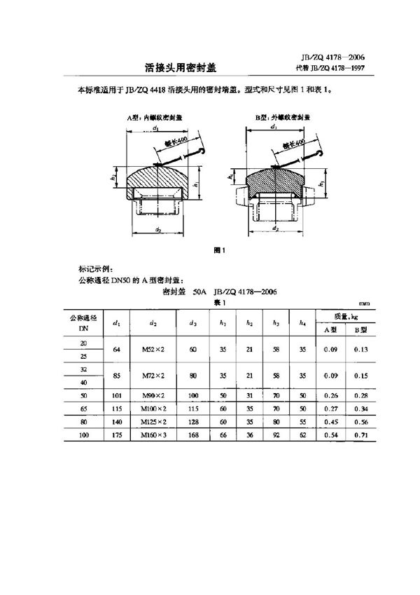 JB/ZQ 4178-2006 活接头用密封盖