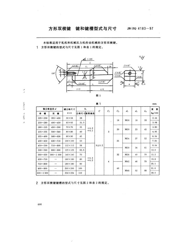 JB/ZQ 4183-1997 方形双楔键 键和键槽型式与尺寸