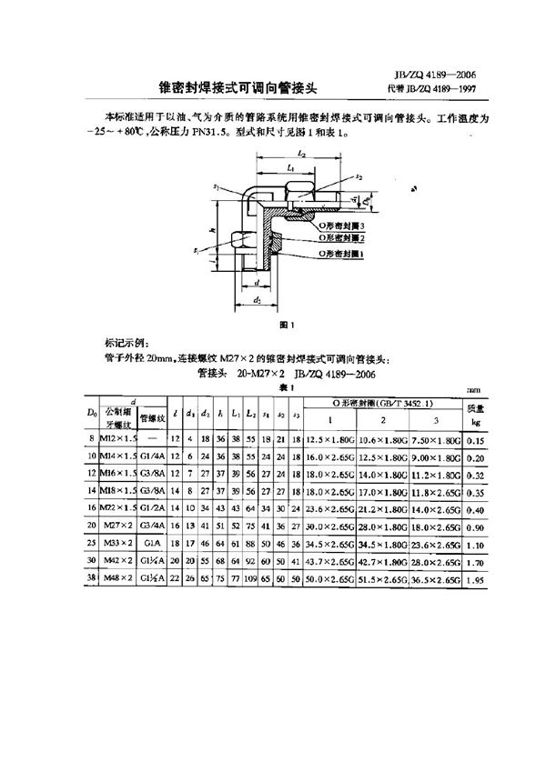 JB/ZQ 4189-2006 锥密封焊接式可调向管接头