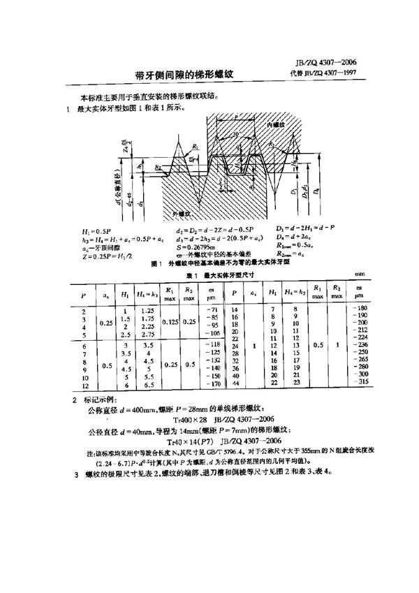 JB/ZQ 4307-2006 带牙侧间隙的梯形螺纹