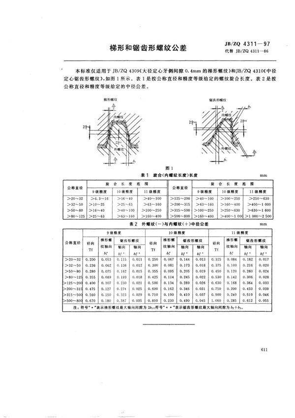 JB/ZQ 4311-1997 梯形和锯齿形螺纹公差