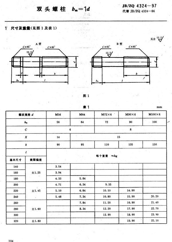 JB/ZQ 4324-1997 双头螺柱bm=1d