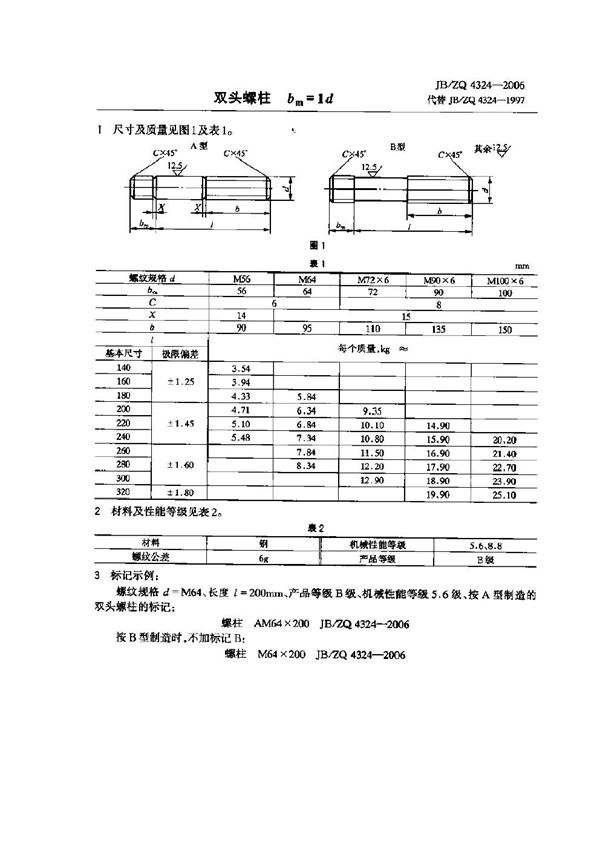 JB/ZQ 4324-2006 双头螺柱bm=1d