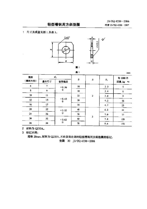 JB/ZQ 4338-2006 轻型槽钢用方斜垫圈