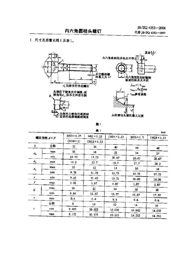 JB/ZQ 4352-2006 内六角圆柱头螺钉