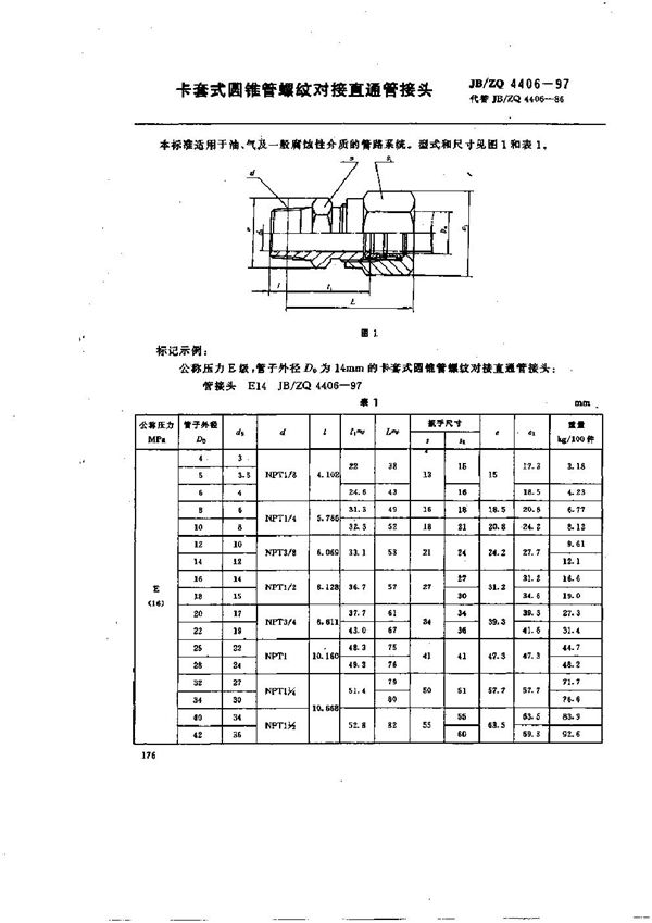 JB/ZQ 4406-1997 卡套式圆锥管螺纹对接直通管接头