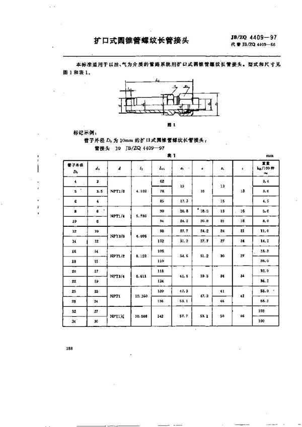 JB/ZQ 4409-1997 卡套式圆锥管螺纹长管接头