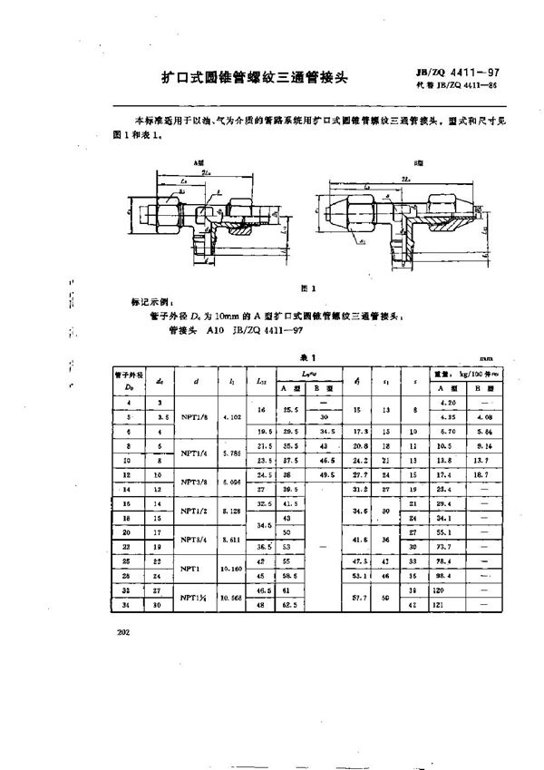 JB/ZQ 4411-1997 扩口式圆锥管螺纹三通管接头