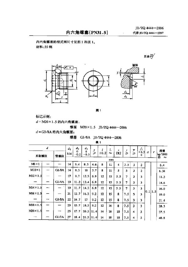 JB/ZQ 4444-2006 内六角螺塞(PN31.5)