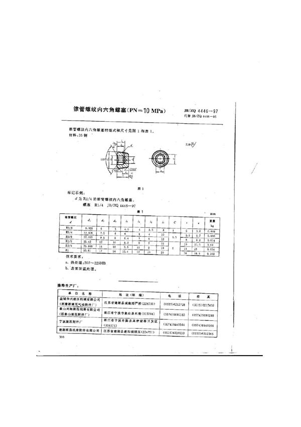 JB/ZQ 4446-1997 锥管螺纹内六角螺塞(PN=10MPa)