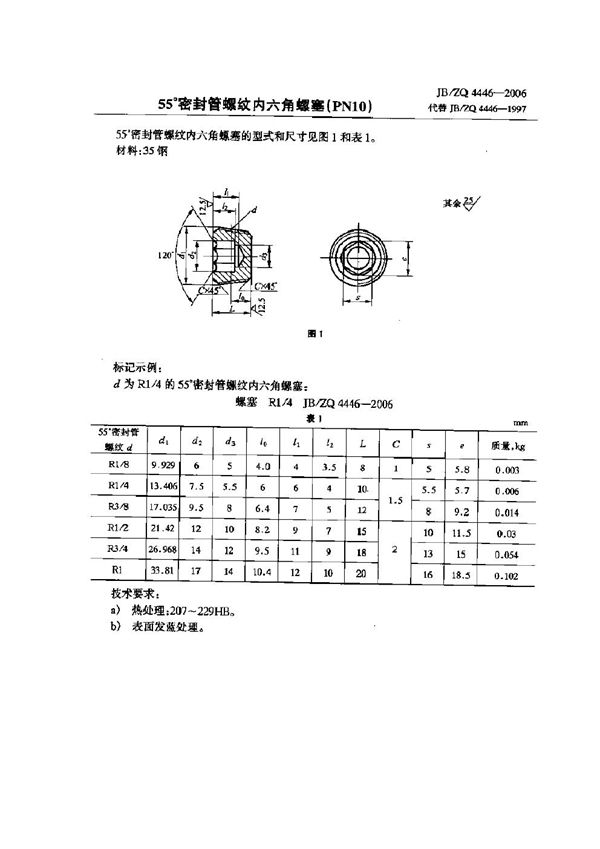 JB/ZQ 4446-2006 55°密封管螺纹内六角螺塞(PN10)