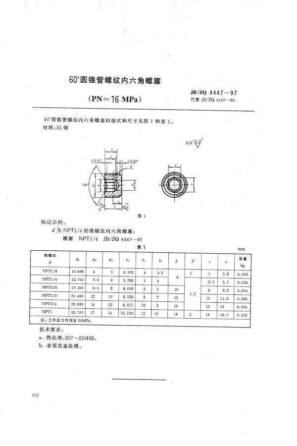 JB/ZQ 4447-1997 60°圆锥管螺纹内六角螺塞(PN=16MPa)