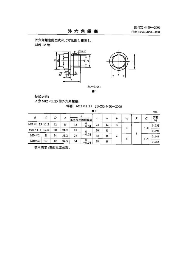 JB/ZQ 4450-2006 外六角螺塞