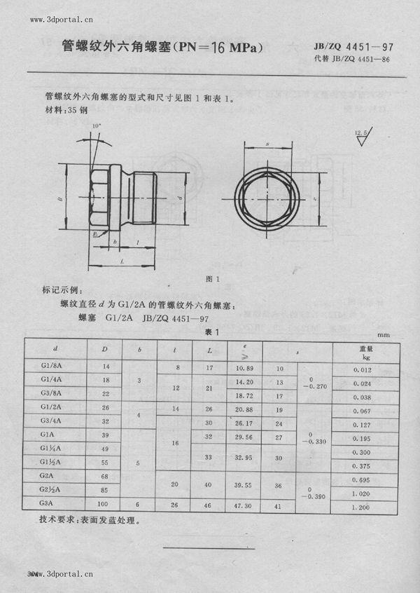 JB/ZQ 4451-1997 管螺纹外六角螺塞（PN=16MPa）