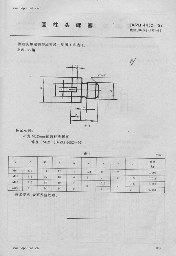 JB/ZQ 4452-1997 圆柱头螺塞