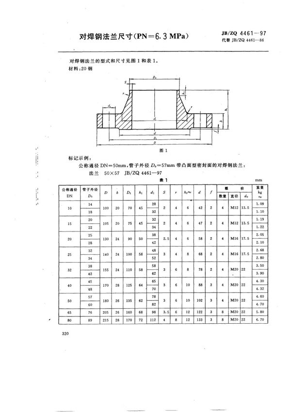 JB/ZQ 4461-1997 对焊钢法兰尺寸(PN=6.3MPa)