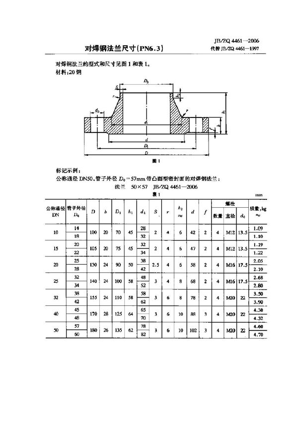 JB/ZQ 4461-2006 对焊钢法兰尺寸(PN6.3)