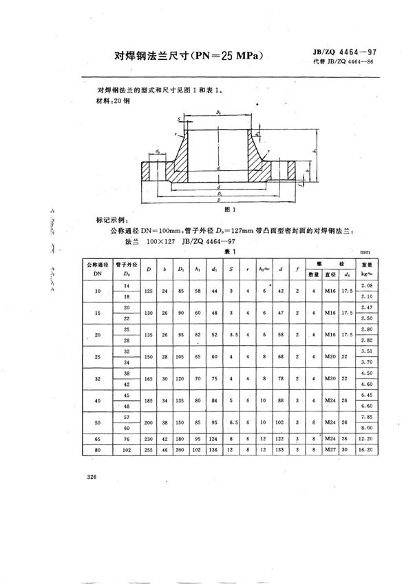 JB/ZQ 4464-1997 对焊钢法兰尺寸(PN=25MPa)