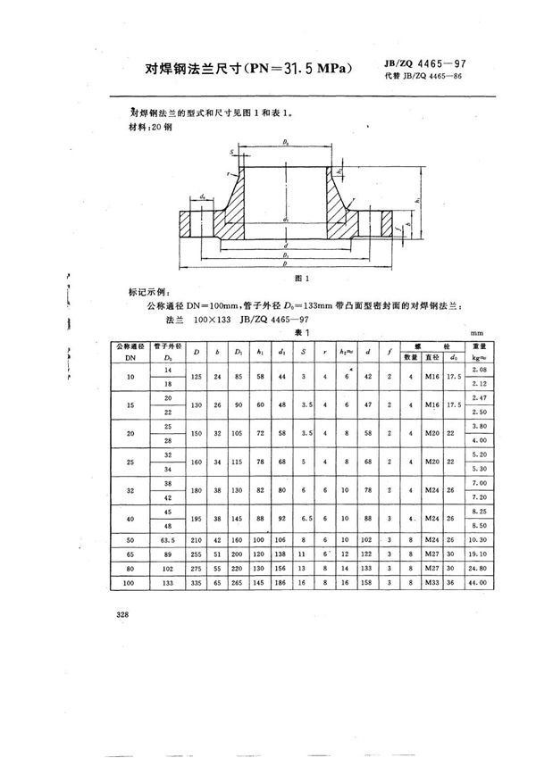 JB/ZQ 4465-1997 对焊钢法兰尺寸(PN=31.5MPa)