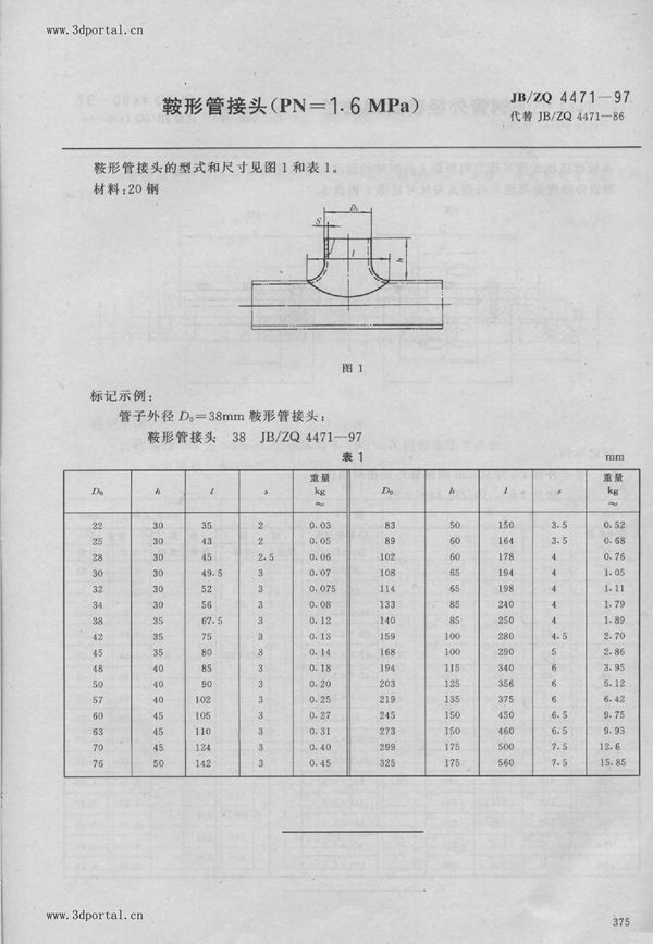 JB/ZQ 4471-1997 鞍形管接头（PN=1.6MPa）