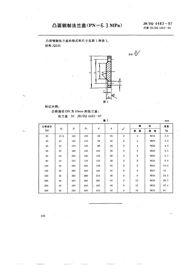 JB/ZQ 4483-1997 凸面钢制法兰盖(PN=6.3MPa)