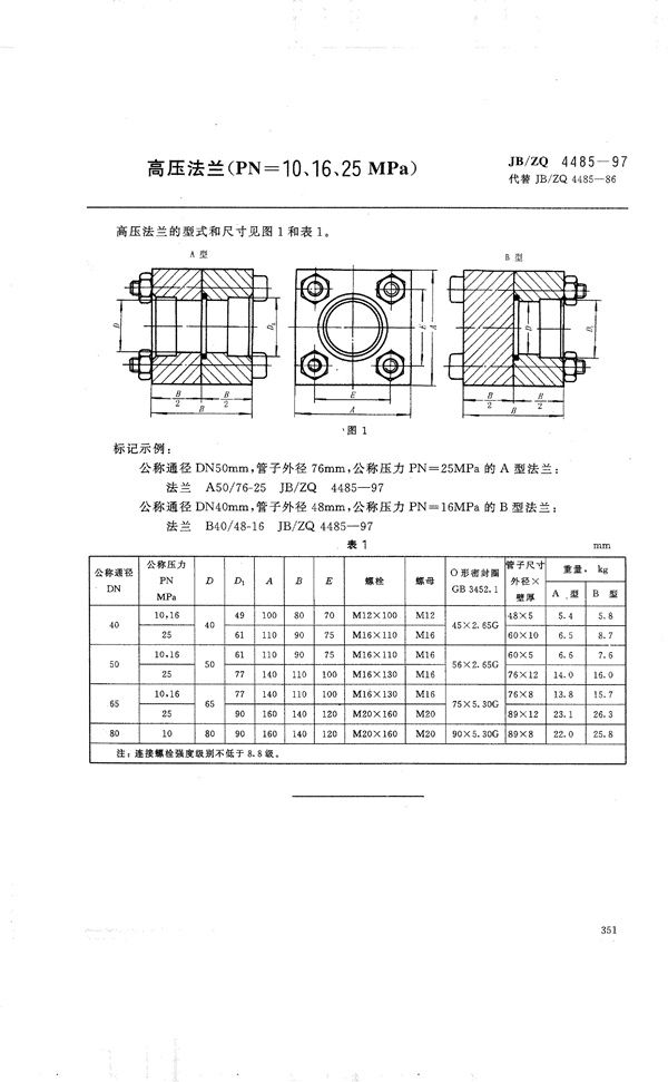 JB/ZQ 4485-1997 高压法兰(PN=10、16、25MPa)