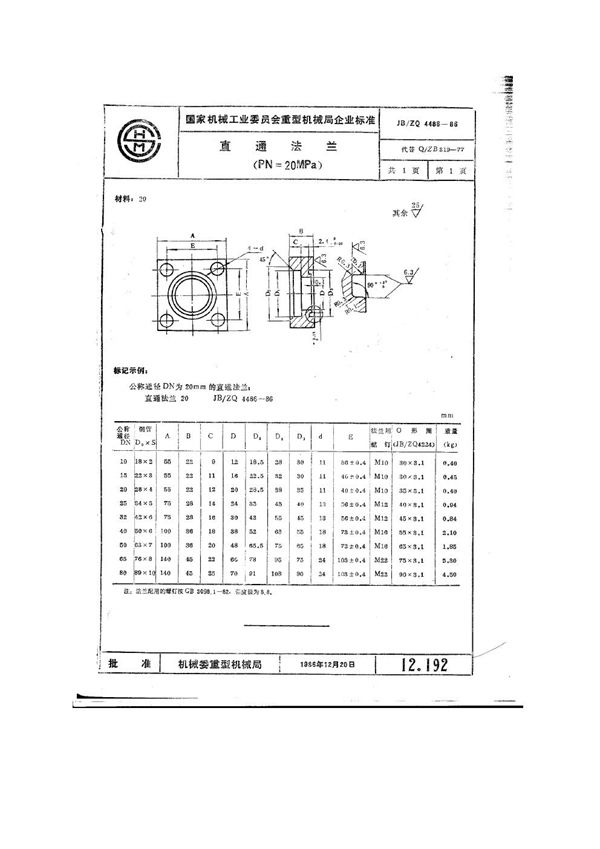 JB/ZQ 4486-1986 直通法兰（pn=20mpa）