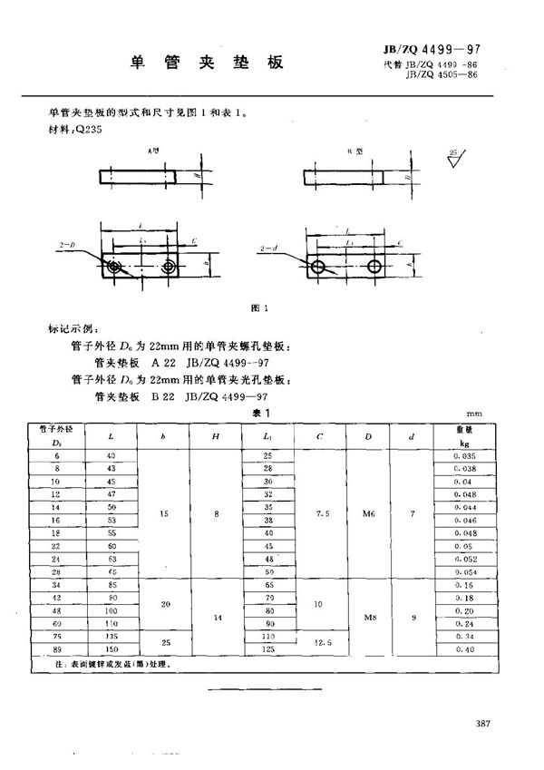 JB/ZQ 4499-1997 单管夹垫板