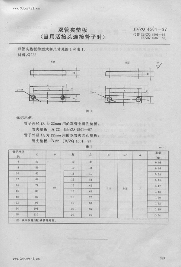 JB/ZQ 4501-1997 双管夹垫板（当用活接头连接管子时）