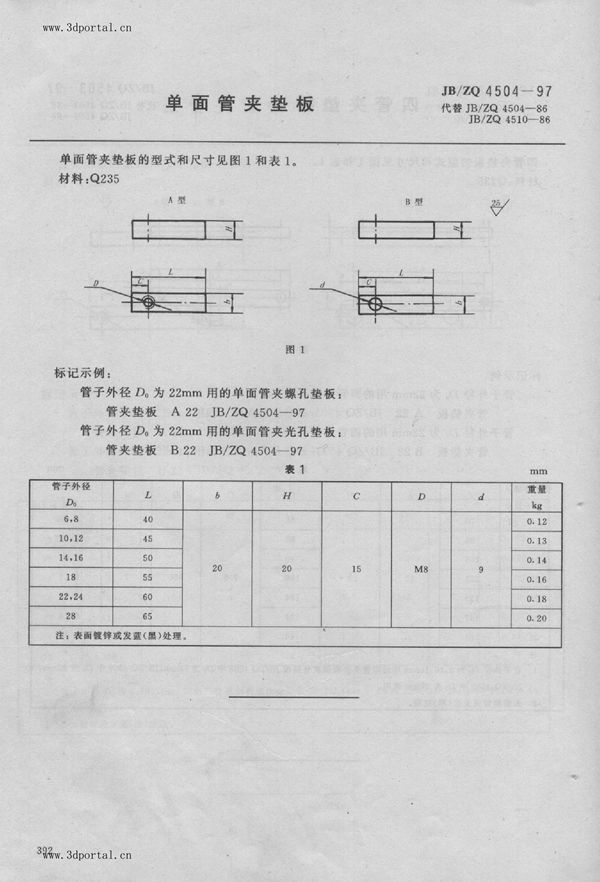 JB/ZQ 4504-1997 单面管夹垫板