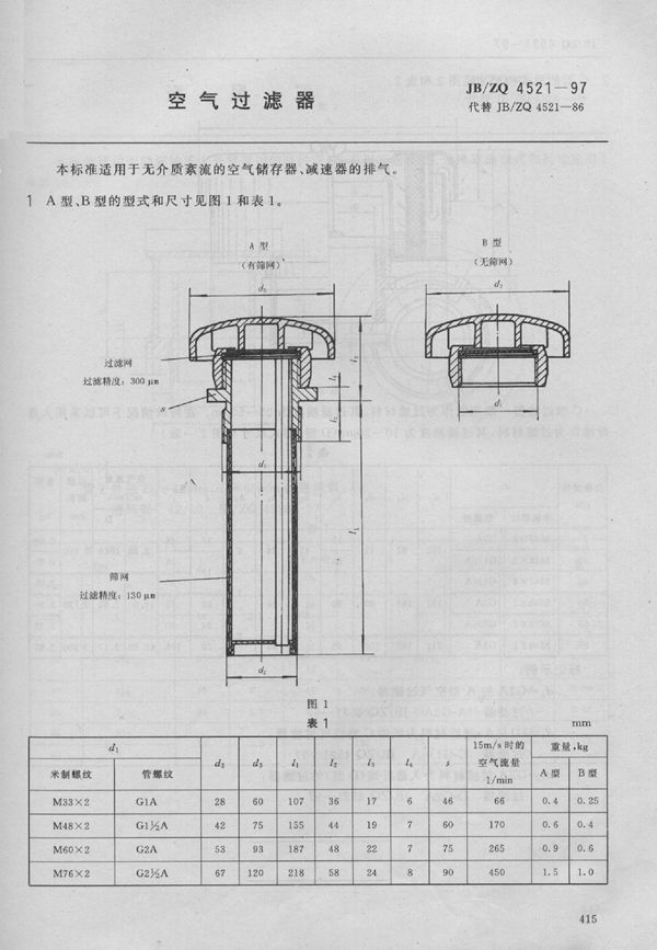 JB/ZQ 4521-1997 空气过滤器