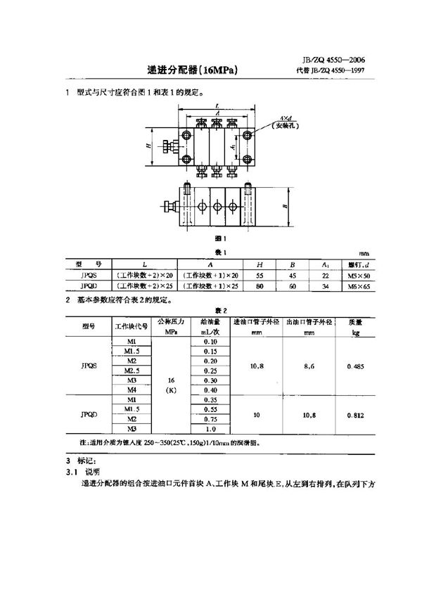 JB/ZQ 4550-2006 递进分配器(16MPa)