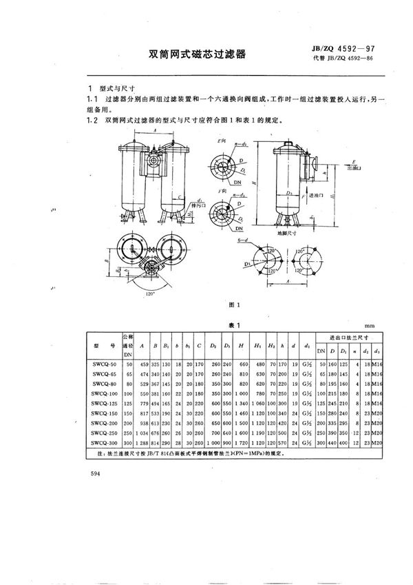 JB/ZQ 4592-1997 双筒网式磁芯过滤器