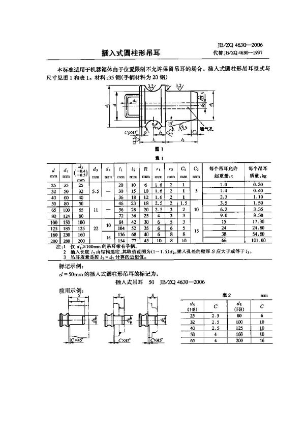 JB/ZQ 4630-2006 插入式圆柱形吊耳