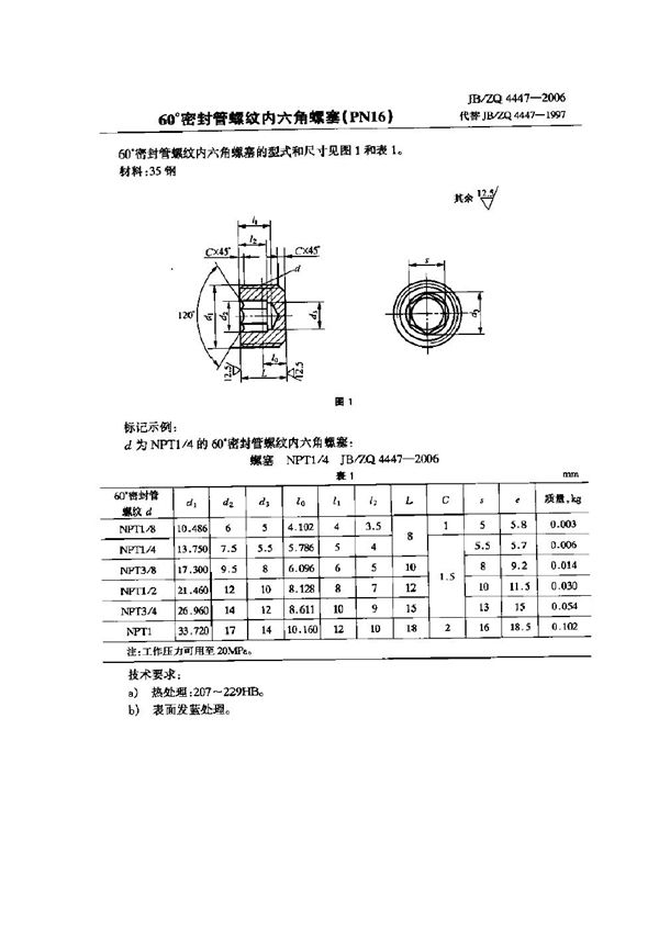 JB/ZQ 47-2006 60°密封管螺纹内六角螺塞(PN16)