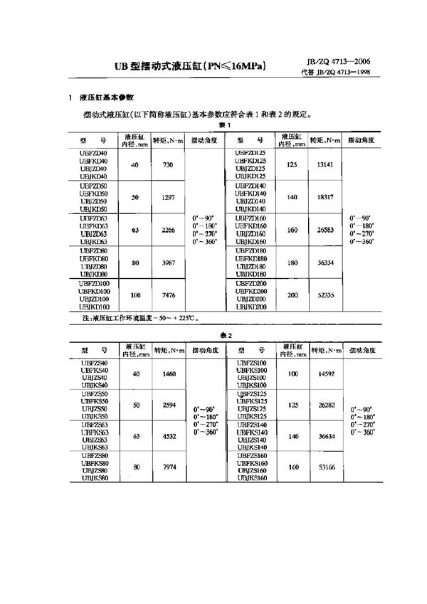 JB/ZQ 4713-2006 UB型摆动式液压缸(PN≤16MPa)