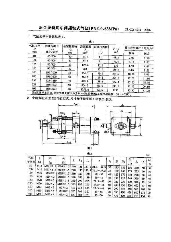 JB/ZQ 4741-2006 冶金设备用中间摆动式气缸(PN≤0.63MPa)