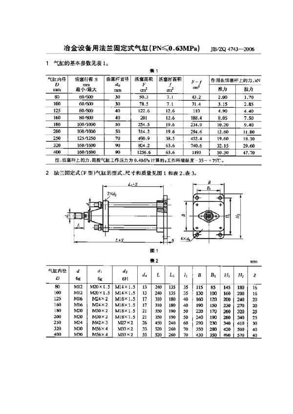 JB/ZQ 4743-2006 冶金设备用法兰固定式气缸(PN≤O.63MPa)